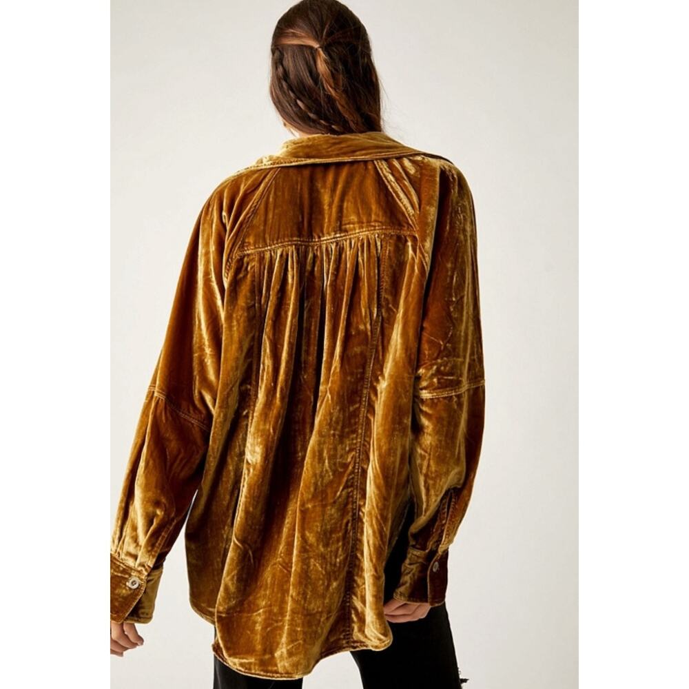 Free People Night Skies Velvet Top Golden Brown Size Medium Retro 70s Bohemian - Picture 5 of 13